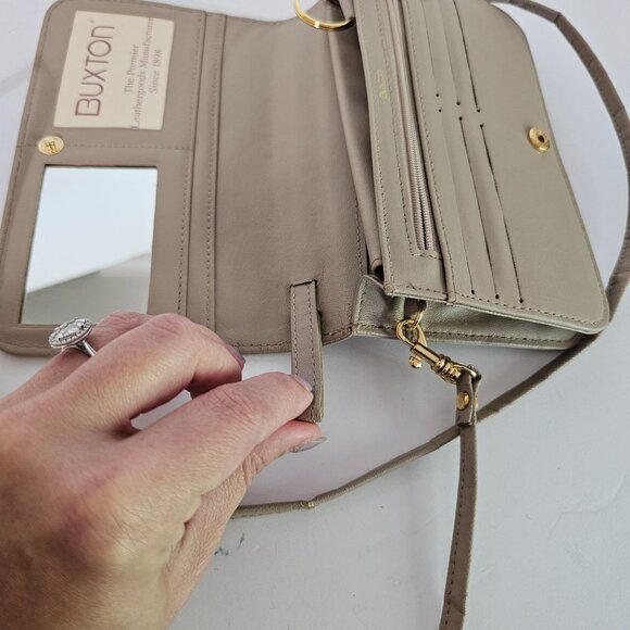 Buxton Beige Leather Crossbody Wallet Clutch‎ Purse Wristlet With Mirror 《834》M - Picture 5 of 12